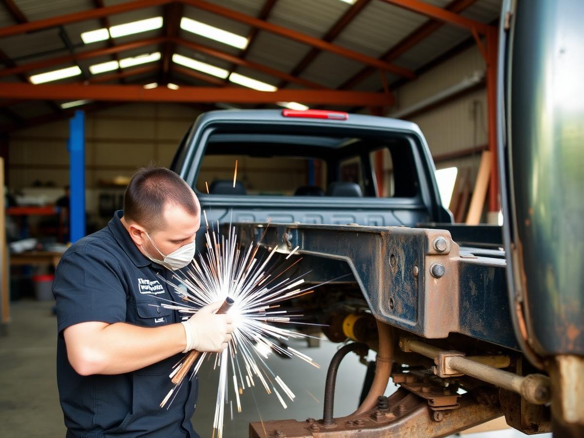 Automotive welding repair on a pickup truck frame