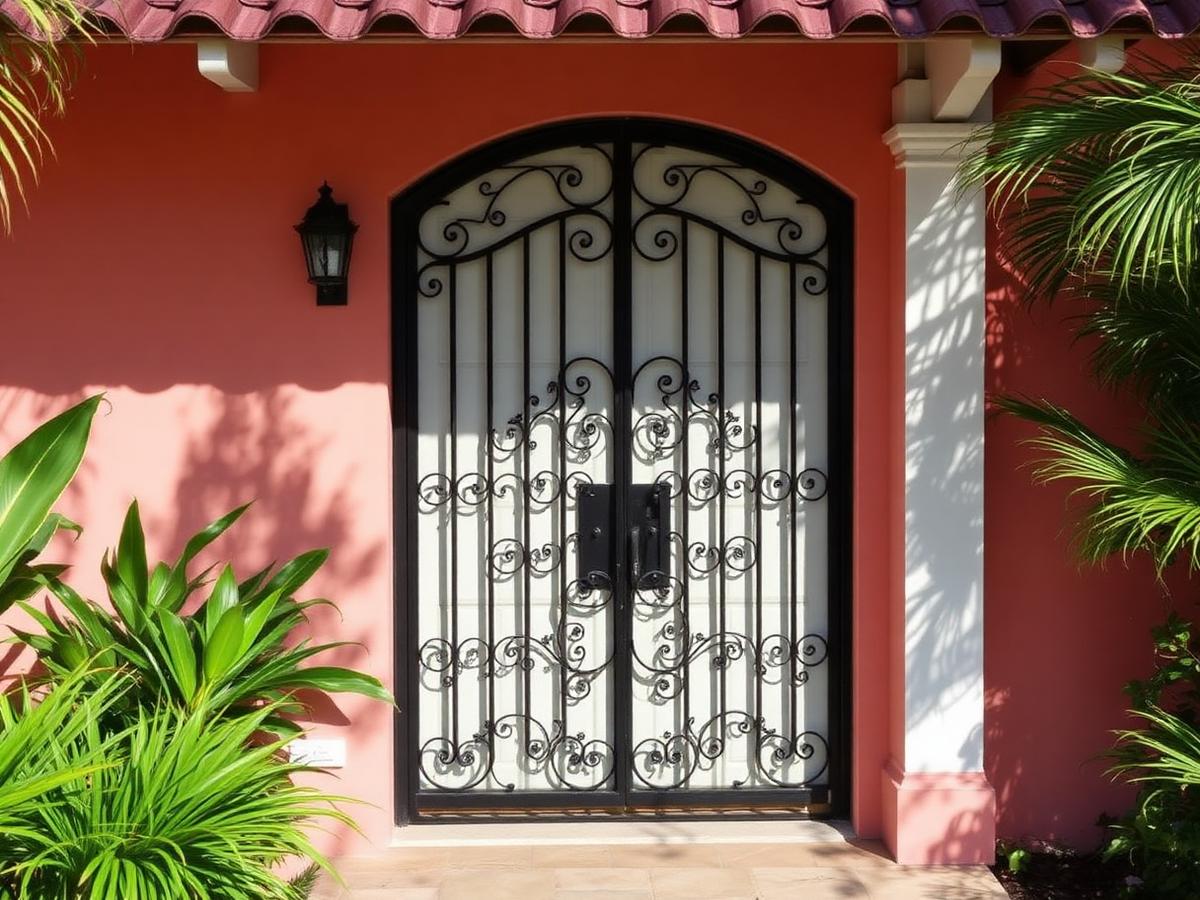 Custom metal security door with welded scrollwork