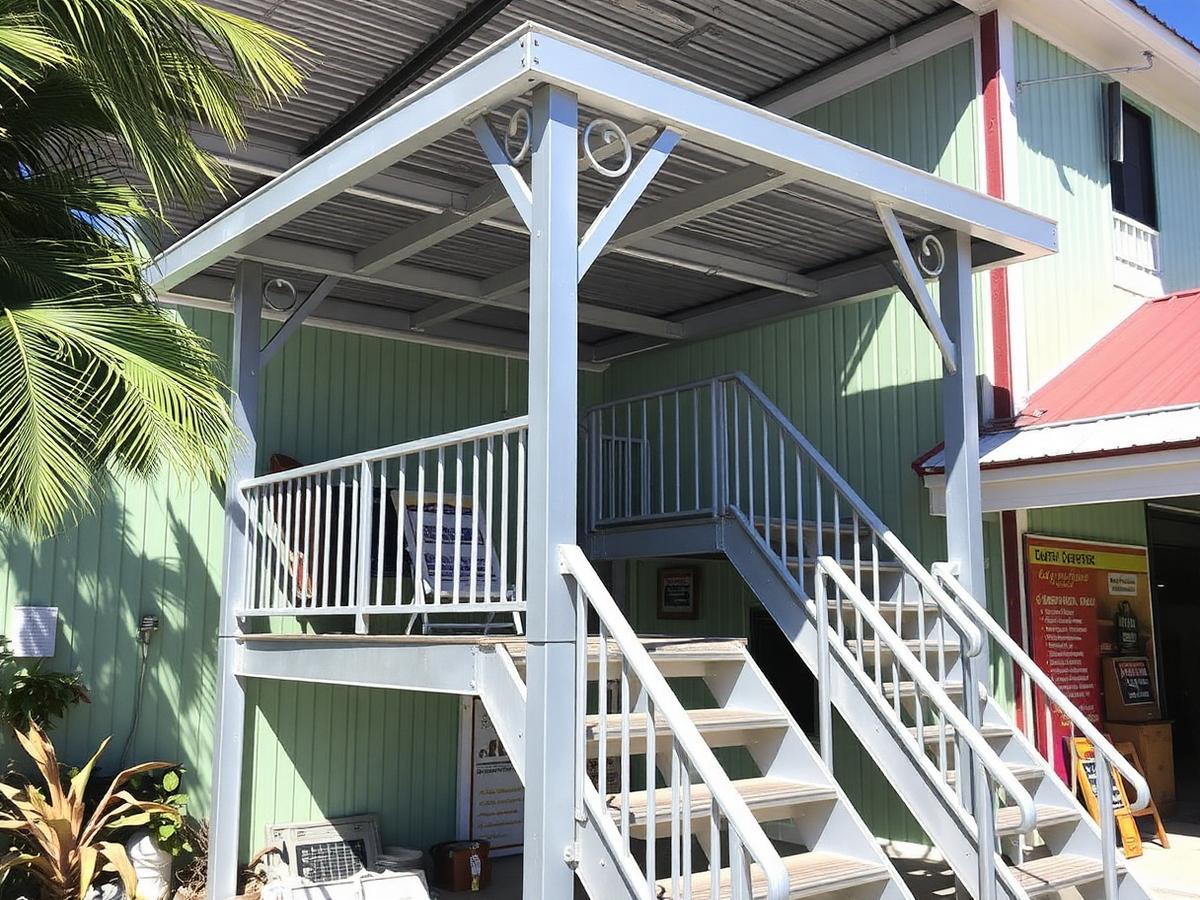 Fabricated steel staircase and canopy structure