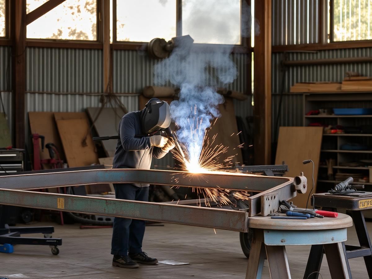 Welder repairing a damaged steel trailer frame